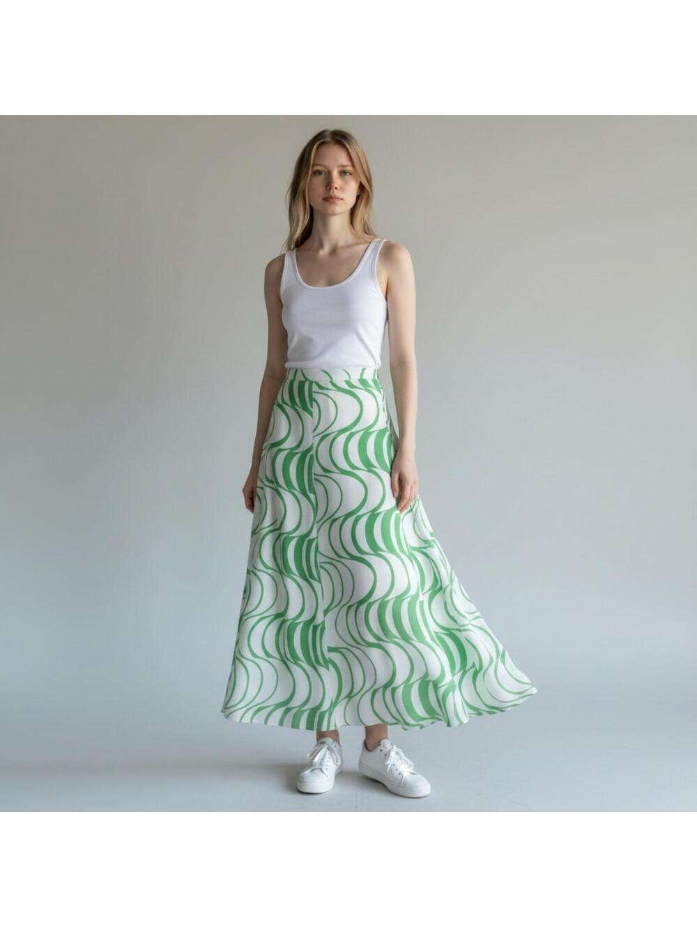 NWOT Josephine Green and White Patterned Flowing Maxi Skirt, Size 8